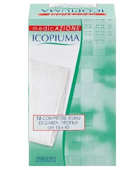 ICOPIUMA GARZA COMPRESSA IDROFILA IN COTONE PIEGATA STERILE SENZA FILO DI BARIO TITOLO 12/8 MISURA 18X40 CM IN BUSTA SINGOLA 12 PEZZI - Farmadott.it