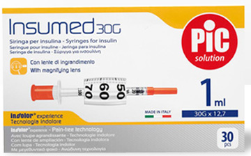SIRINGA INSULINA PIC INSUMED 1 ML 100 UI AGO GAUGE 30 12,7 MM SENZA SPAZIO MORTO 30 PEZZI - Farmadott.it