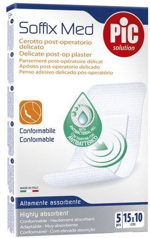 CEROTTO PIC SOFFIX MED IN TNT CON TAMPONE CENTRALE ASSORBENTE STERILE MONOUSO 10X15 CM ANTIBATTERICO 5 PEZZI - Farmadott.it