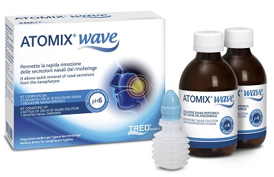 ATOMIX WAVE DISPOSITIVO PER IGIENE RINOFARINGEA ATOMIX SOLUZIONE SALINA 250 ML 2 PEZZI + TERMINALE NASALE + EROGATORE A SOFFIETTO - Farmadott.it