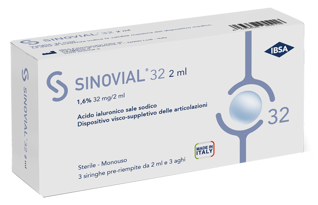 SIRINGA INTRA-ARTICOLARE SINOVIAL 32 ACIDO IALURONICO SALE SODICO 1,6% 32MG/2ML 3 SIRINGHE X 2ML + 3 AGHI - Farmadott.it