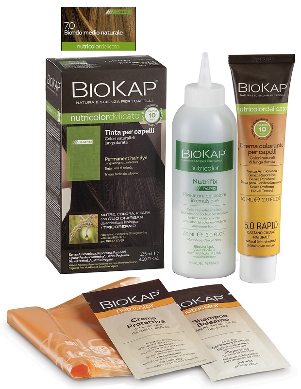 BIOS LINE  BIOKAP NUTRICOLOR DELICATO RAPID TINTA 7,0 BIONDO MEDIO NATURALE 135 ML - Farmadott.it