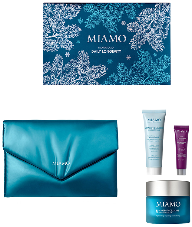 MIAMO COFANETTO PROTOCOLLO DAILY LONGEVITY 1 VITAMIN COMPLEX MILK CLEANSER 50 ML + 1 ANTI-GLYCOXIDANT MASQUE 10 ML + 1 LONGEVITY CELL-CARE SOFT SATIN CREAM 50 ML - Farmadott.it