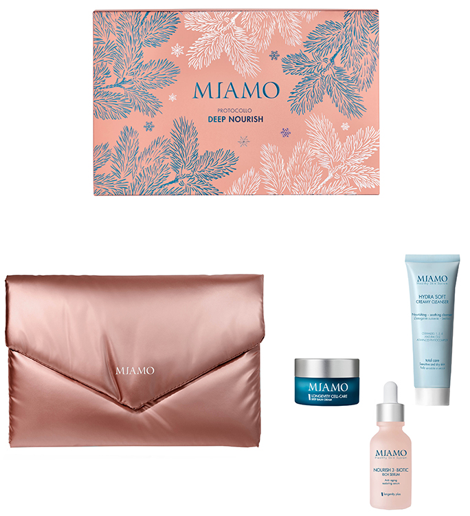 MIAMO COFANETTO PROTOCOLLO DEEP NOURISH 1 HYDRA SOFT CREAMY CLEANSER 50 ML + 1 NOURISH 3-BIOTIC RICH SERUM 30 ML + 1 LONGEVITY CELL-CARE DEEP BALM CREAM 10 ML - Farmadott.it