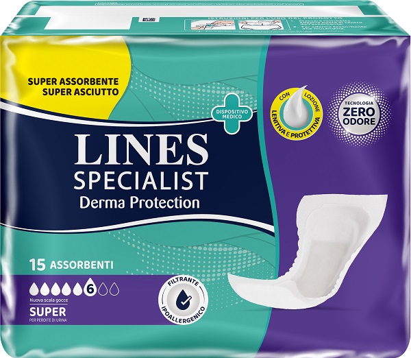 PANNOLONE PER INCONTINENZA LINES SPECIALIST DERMA PROTECTION SAGOMATO ANATOMICO SUPER 15 PEZZI - Farmadott.it