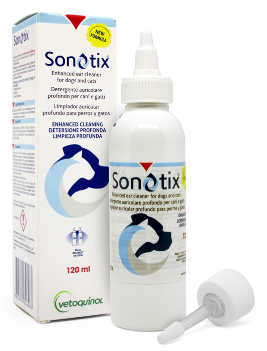 SONOTIX DETERGENTE AURICOLARE PROFONDO CANI E GATTI 120 ML + CANNULA CORTA RIGIDA + CANNULA LUNGA FLESSIBILE - Farmadott.it