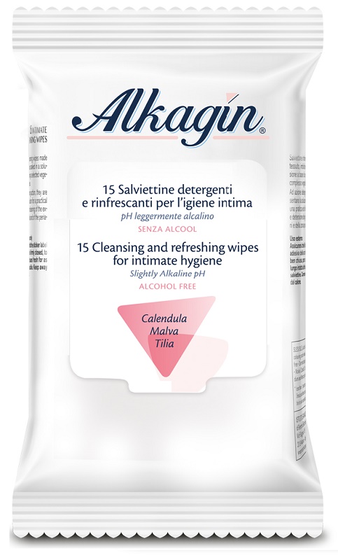 ALKAGIN SALVIETTINE DETERGENTI E RINFRESCANTI PER L'IGIENE INTIMA PH LEGGERMENTE ALCALINO SENZA ALCOOL 15 PEZZI CALENDULA MALVA E TILIA - Farmadott.it