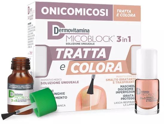 DERMOVITAMINA MICOBLOCK 3 IN 1 TRATTA E COLORA SOLUZIONE UNGUEALE 7 ML + SMALTO IDRATANTE TRASPIRANTE 5 ML - Farmadott.it
