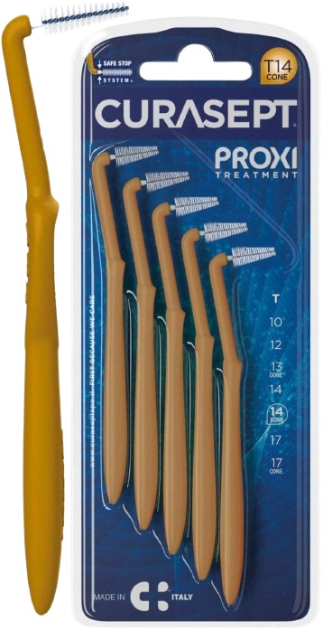 SCOVOLINO CURASEPT PROXI ANGLE MISURA T14 CONICO ISO 4 COLORE OCRA DIAMETRO 1,4 MM 5 PEZZI - Farmadott.it