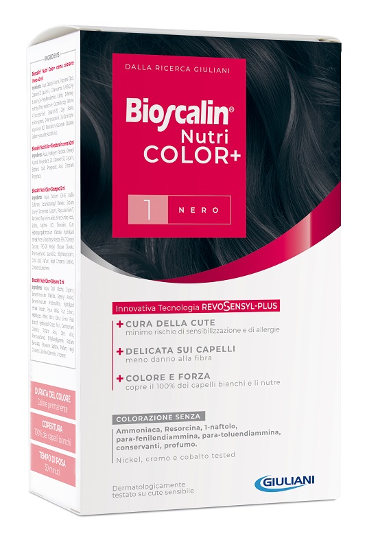 BIOSCALIN NUTRICOLOR PLUS 1 NERO CREMA COLORANTE 40 ML + RIVELATORE CREMA 60 ML + SHAMPOO 12 ML + TRATTAMENTO FINALE BALSAMO 12 ML - Farmadott.it