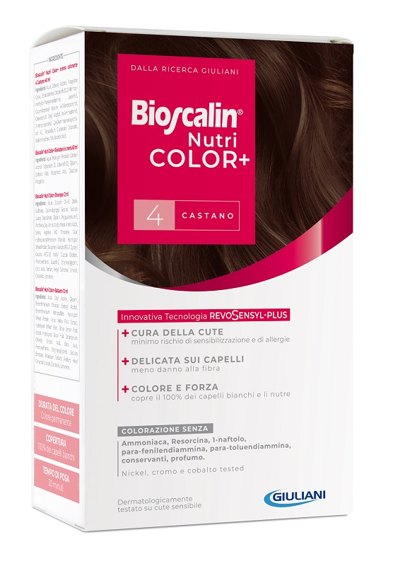 BIOSCALIN NUTRICOLOR PLUS 4 CASTANO CREMA COLORANTE 40 ML + RIVELATORE CREMA 60 ML + SHAMPOO 12 ML + TRATTAMENTO FINALE BALSAMO 12 ML - Farmadott.it