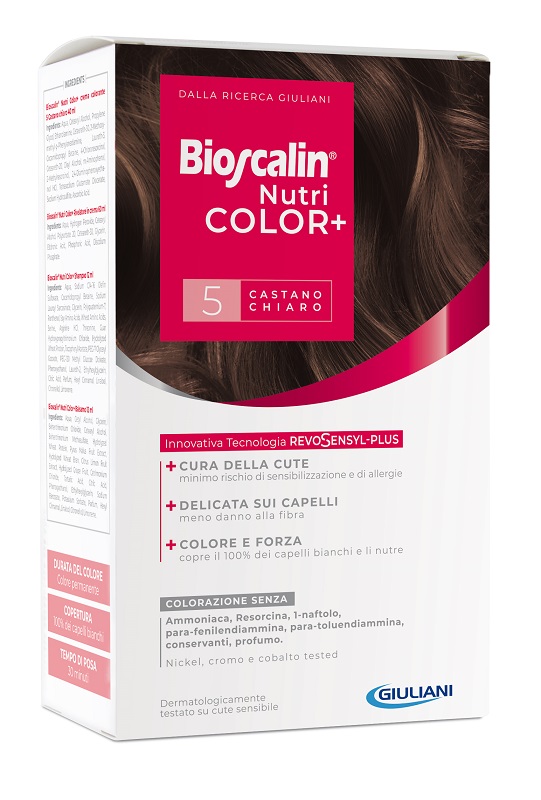 BIOSCALIN NUTRICOLOR PLUS 5 CASTANO CHIARO CREMA COLORANTE 40 ML + RIVELATORE CREMA 60 ML + SHAMPOO 12 ML + TRATTAMENTO FINALE BALSAMO 12 ML - Farmadott.it