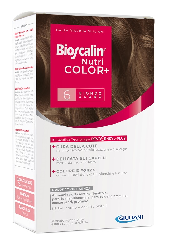 BIOSCALIN NUTRICOLOR PLUS 6 BIONDO SCURO CREMA COLORANTE 40 ML + RIVELATORE CREMA 60 ML + SHAMPOO 12 ML + TRATTAMENTO FINALE BALSAMO 12 ML - Farmadott.it