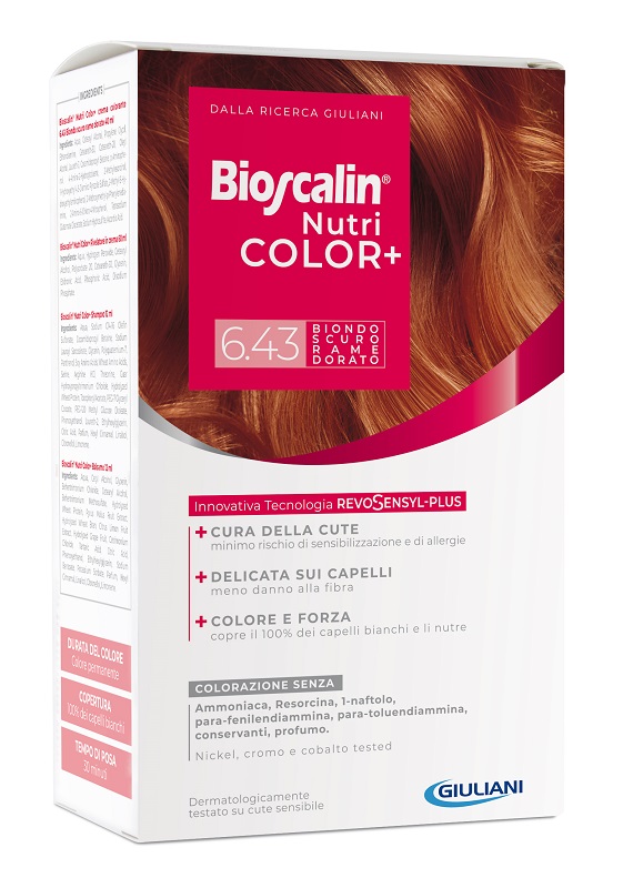 BIOSCALIN NUTRICOLOR PLUS 6,43 BIONDO SCURO RAME DORATO CREMA COLORANTE 40 ML + RIVELATORE CREMA 60 ML + SHAMPOO 12 ML + TRATTAMENTO FINALE BALSAMO 12 ML - Farmadott.it