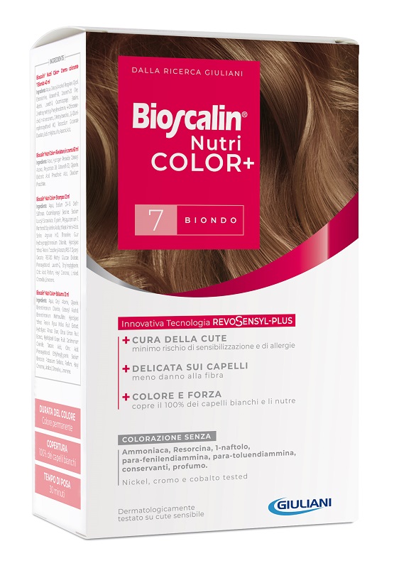 BIOSCALIN NUTRICOLOR PLUS 7 BIONDO CREMA COLORANTE 40 ML + RIVELATORE CREMA 60 ML + SHAMPOO 12 ML + TRATTAMENTO FINALE BALSAMO 12 ML - Farmadott.it