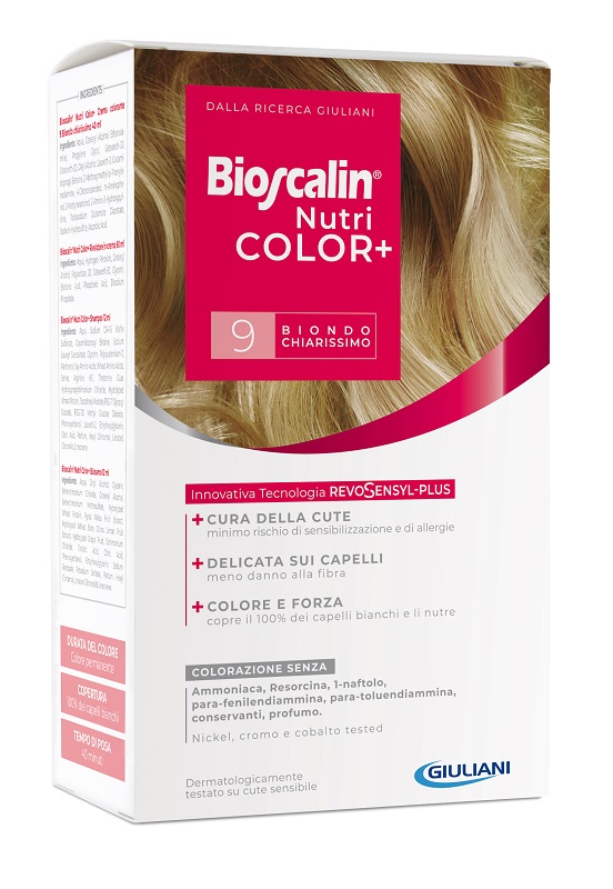 BIOSCALIN NUTRICOLOR PLUS 9 BIONDO CHIARISSIMO CREMA COLORANTE 40 ML + RIVELATORE CREMA 60 ML + SHAMPOO 12 ML + TRATTAMENTO FINALE BALSAMO 12 ML - Farmadott.it