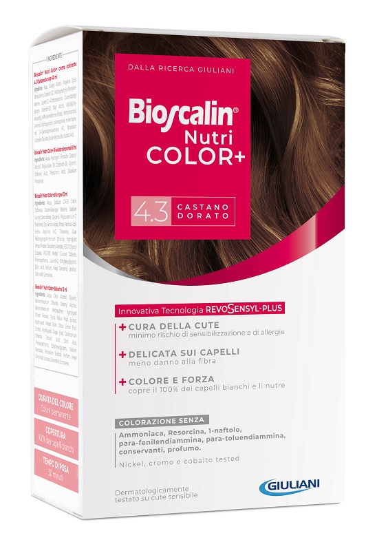 BIOSCALIN NUTRICOLOR PLUS 4,3 CASTANO DORATO CREMA COLORANTE 40 ML + RIVELATORE CREMA 60 ML + SHAMPOO 12 ML + TRATTAMENTO FINALE BALSAMO 12 ML - Farmadott.it