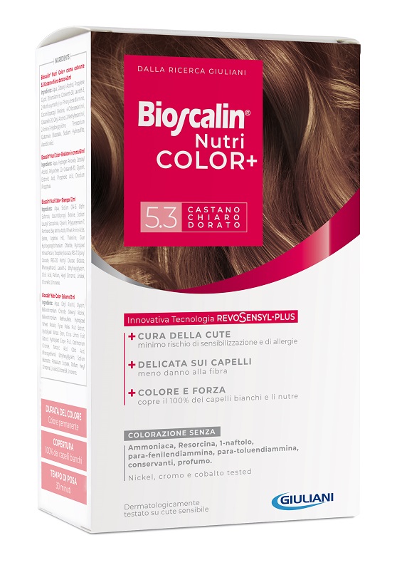 BIOSCALIN NUTRICOLOR PLUS 5,3 CASTANO CHIARO DORATO CREMA COLORANTE 40 ML + RIVELATORE CREMA 60 ML + SHAMPOO 12 ML + TRATTAMENTO FINALE BALSAMO 12 ML - Farmadott.it