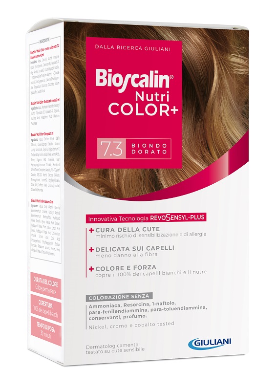 BIOSCALIN NUTRICOLOR PLUS 7,3 BIONDO DORATO CREMA COLORANTE 40 ML + RIVELATORE CREMA 60 ML + SHAMPOO 12 ML + TRATTAMENTO FINALE BALSAMO 12 ML - Farmadott.it