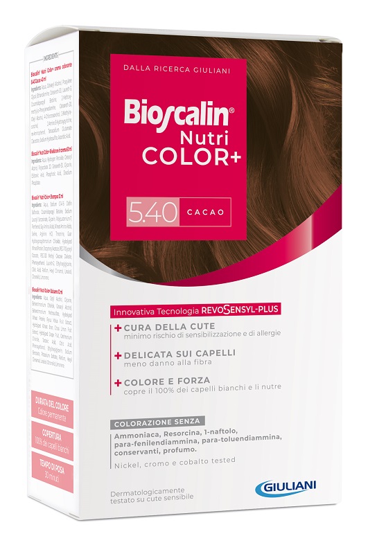 BIOSCALIN NUTRICOLOR PLUS 5,40 CACAO CREMA COLORANTE 40 ML + RIVELATORE CREMA 60 ML + SHAMPOO 12 ML + TRATTAMENTO FINALE BALSAMO 12 ML - Farmadott.it