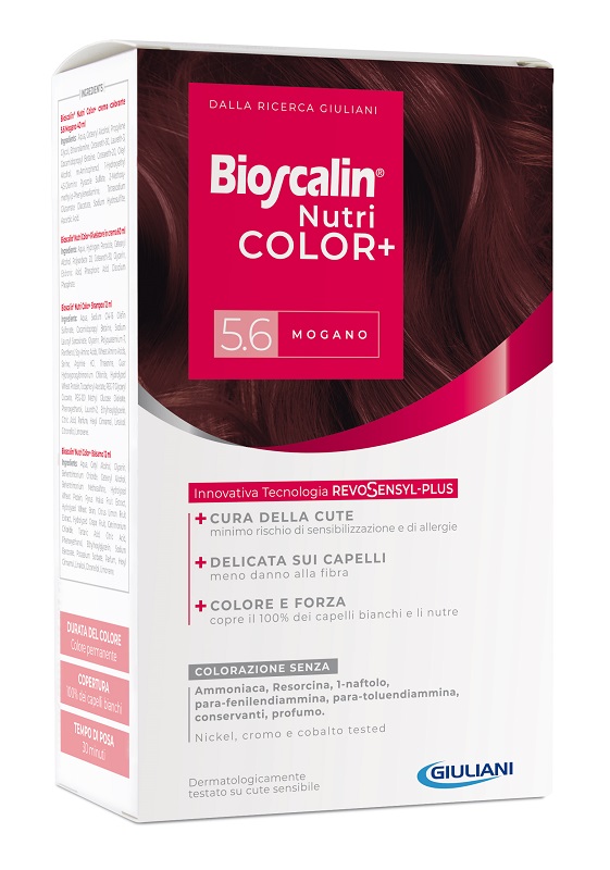 BIOSCALIN NUTRICOLOR PLUS 5,6 MOGANO CREMA COLORANTE 40 ML + RIVELATORE CREMA 60 ML + SHAMPOO 12 ML + TRATTAMENTO FINALE BALSAMO 12 ML - Farmadott.it