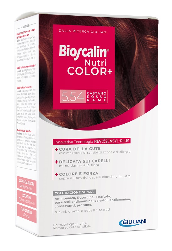 BIOSCALIN NUTRICOLOR PLUS 5,54 CASTANO ROSSO RAME CREMA COLORANTE 40 ML + RIVELATORE CREMA 60 ML + SHAMPOO 12 ML + TRATTAMENTO FINALE BALSAMO 12 ML - Farmadott.it