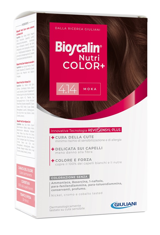 BIOSCALIN NUTRICOLOR PLUS 4,14 MOKA CREMA COLORANTE 40 ML + RIVELATORE CREMA 60 ML + SHAMPOO 12 ML + TRATTAMENTO FINALE BALSAMO 12 ML - Farmadott.it