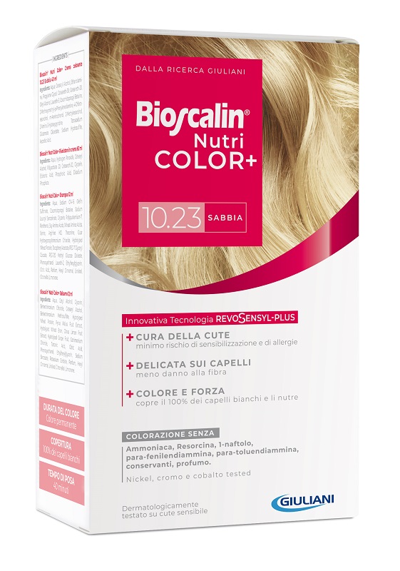 BIOSCALIN NUTRICOLOR PLUS 10,23 SABBIA CREMA COLORANTE 40 ML + RIVELATORE CREMA 60 ML + SHAMPOO 12 ML + TRATTAMENTO FINALE BALSAMO 12 ML - Farmadott.it