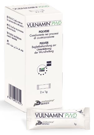 VULNAMIN PWD MEDICAZIONE INTERATTIVA IN POLVERE DI SODIO JALURONATO E AMINOACIDI 2 STICK PACK - Farmadott.it