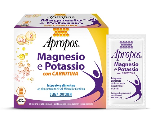 APROPOS MAGNESIO E POTASSIO CON CARNITINA 24 BUSTINE SOLUBILI DA 3,5 G GUSTO ARANCIA SENZA ZUCCHERI - Farmadott.it