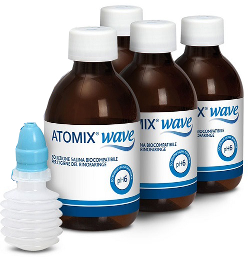 ATOMIX WAVE DISPOSITIVO PER IGIENE RINOFARINGEA ATOMIX SOLUZIONE SALINA 4 FLACONI DA 250 ML - Farmadott.it