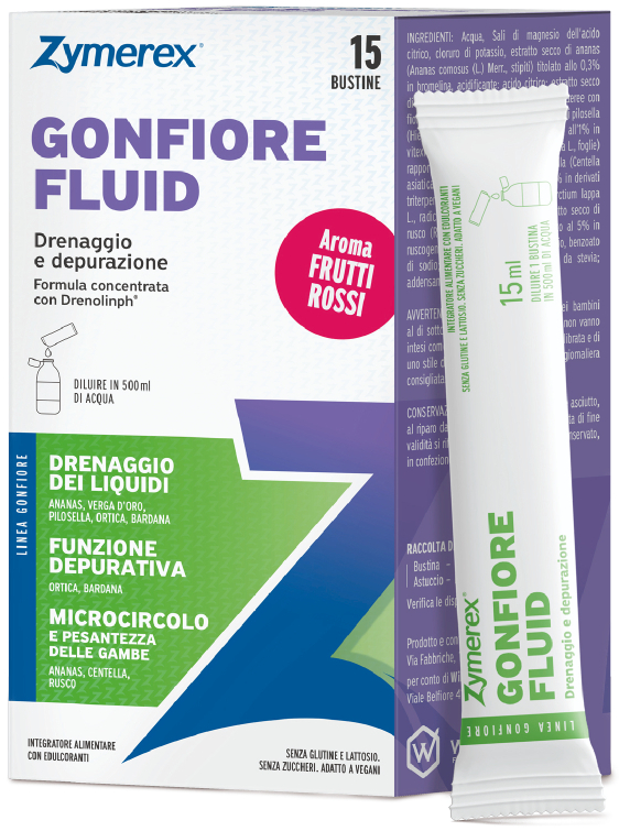 ZYMEREX GONFIORE FLUID FRUTTI ROSSI 15 BUSTINE DA 15 ML CON EDULCORANTI SENZA ZUCCHERI SENZA GLUTINE SENZA LATTOSIO - Farmadott.it