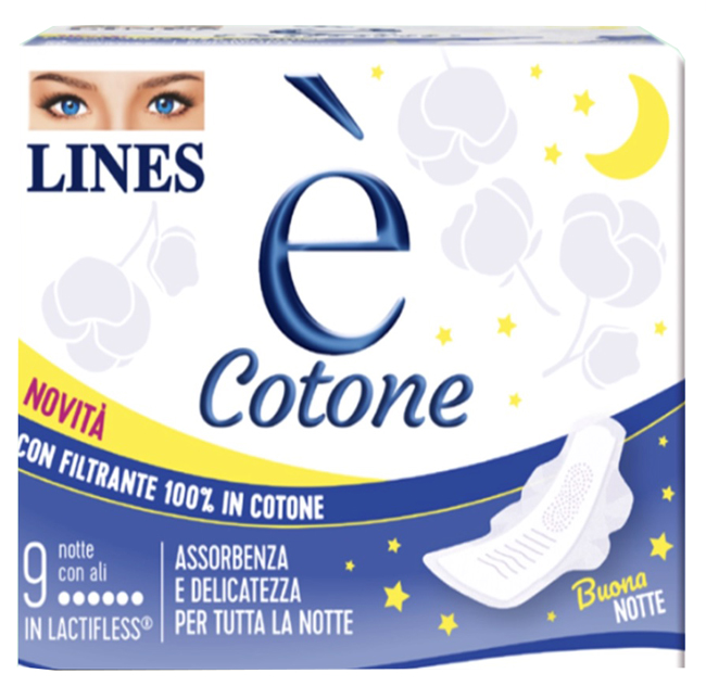 LINES E' COTONE ALI ASSORBENTE ESTERNO NOTTE 9 PEZZI - Farmadott.it