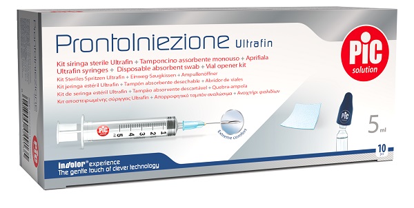 PRONTOINIEZIONE ULTRAFIN KIT SIRINGA STERILE 5 ML GAUGE 23 10 PEZZI + TAMPONCINO ASSORBENTE MONOUSO + APRIFIALA - Farmadott.it